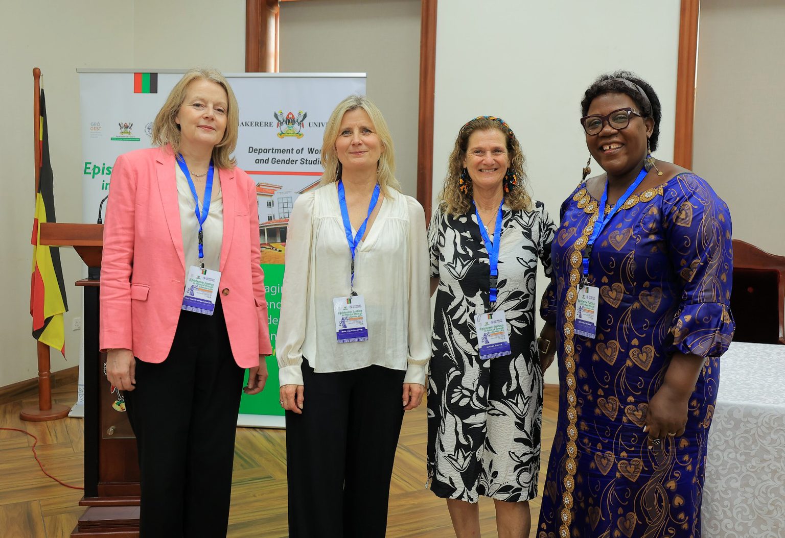 Prof. Josephine Ahikire(R) pauses for a photo with visitors from Iceland